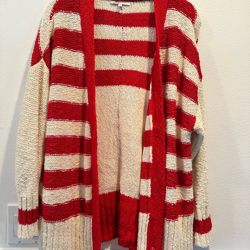 Veveret Striped Red and Cream Women's Oversized Sweater